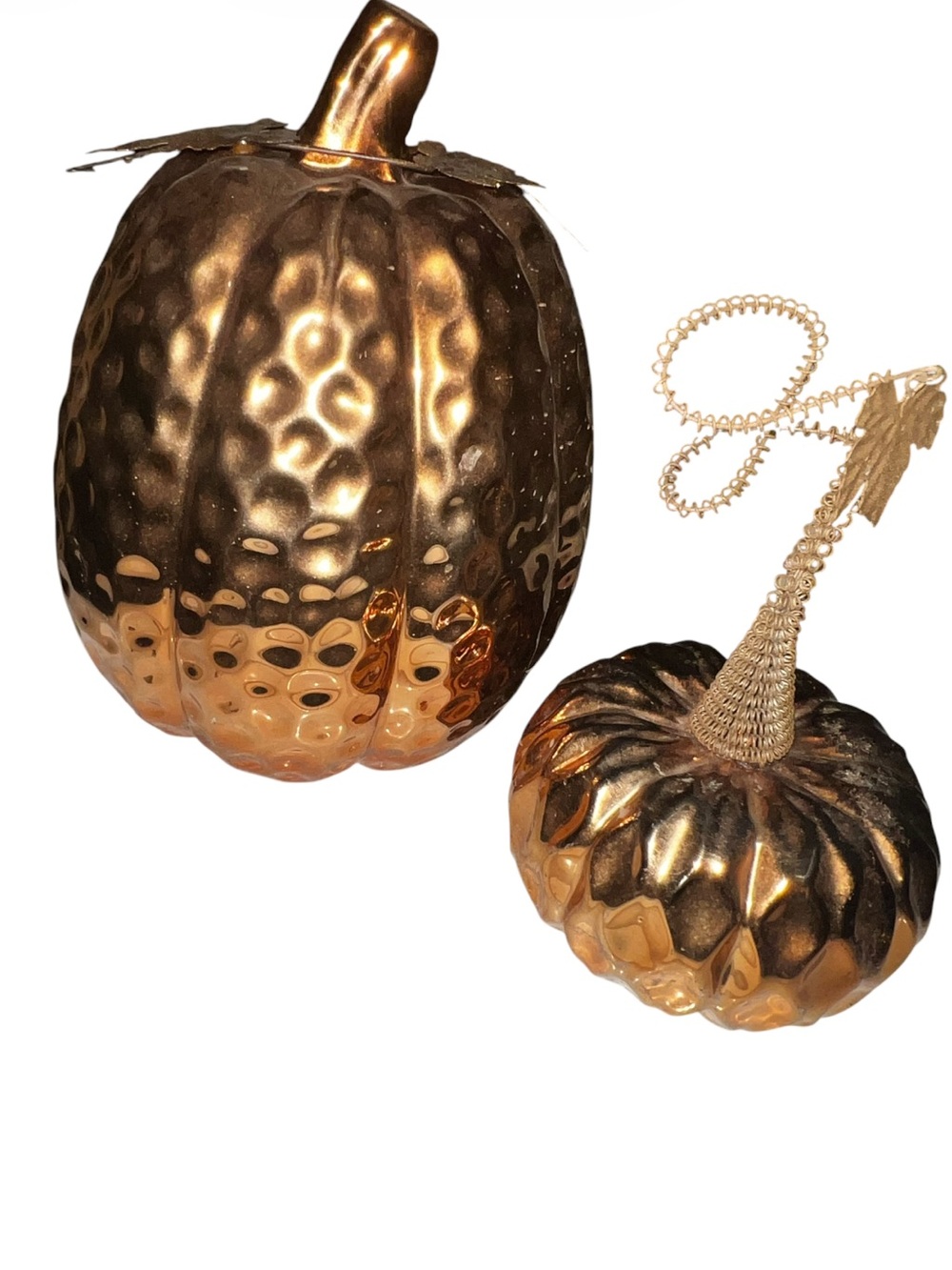 Set of 2 Metallic Copper Ceramic Metal Pumpkin Halloween Fall Decor